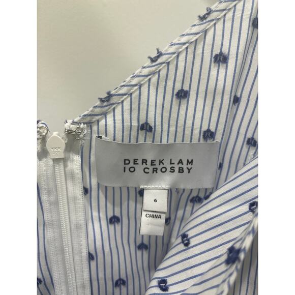DEREK LAM 10 CROSBY White Blue Striped Embroidered Pin Dots V-Neck Dress 6 - Picture 4 of 8